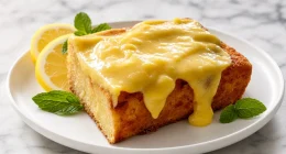 Saftig glutenfri sitronkake toppet med sitroncurd, pyntet med sitronskiver og mynte på en hvit tallerken