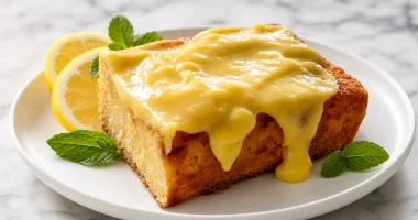 Saftig glutenfri sitronkake toppet med sitroncurd, pyntet med sitronskiver og mynte på en hvit tallerken