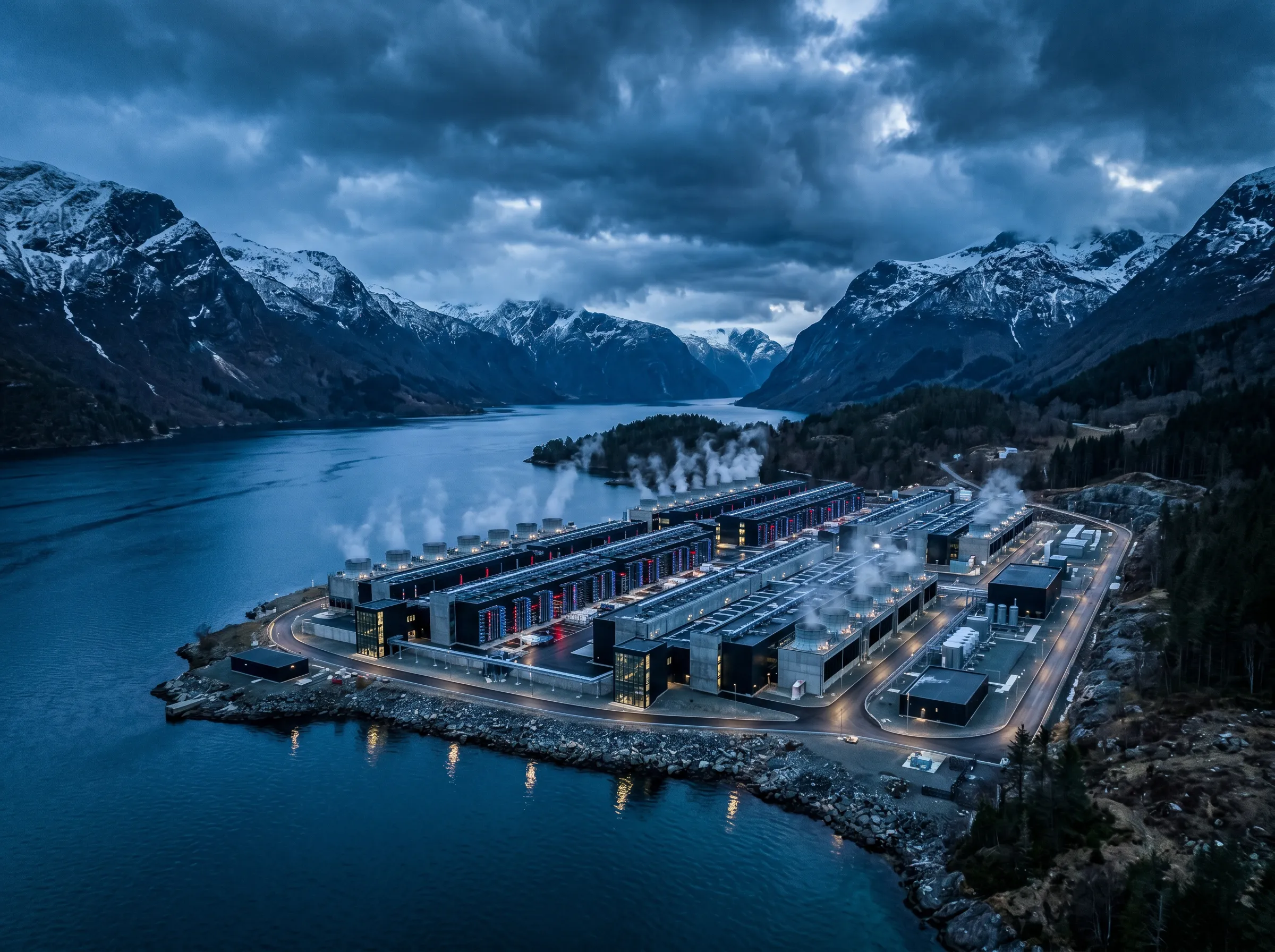 Industrielt datasenter-campus i norsk fjordlandskap ved skumring, kjøletårn og dramatisk himmel