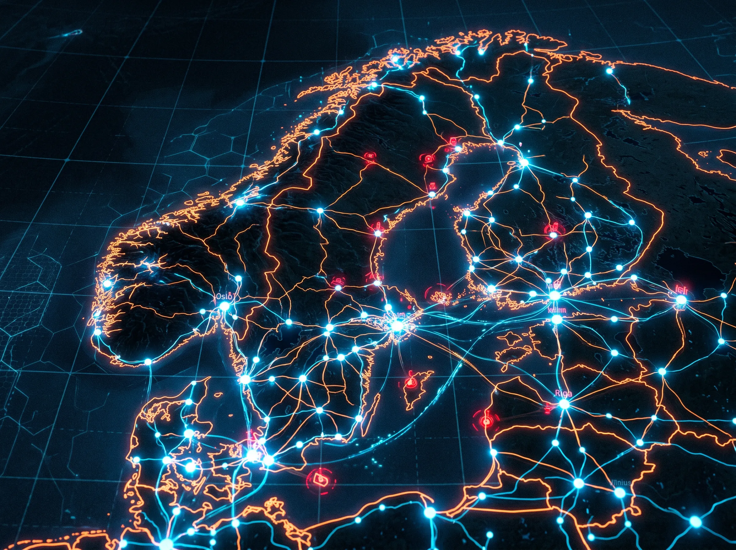 Abstrakt visualisering av digitalt overvåkingsnettverk med glødende noder og forbindelseslinjer over nordisk geografi