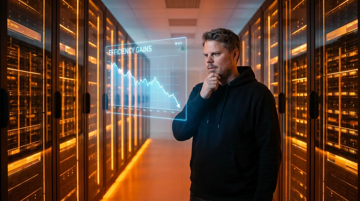 Mann i hettegenser i et fremtidsrettet datasenter med oransje oscillerende lys fra server-rader
