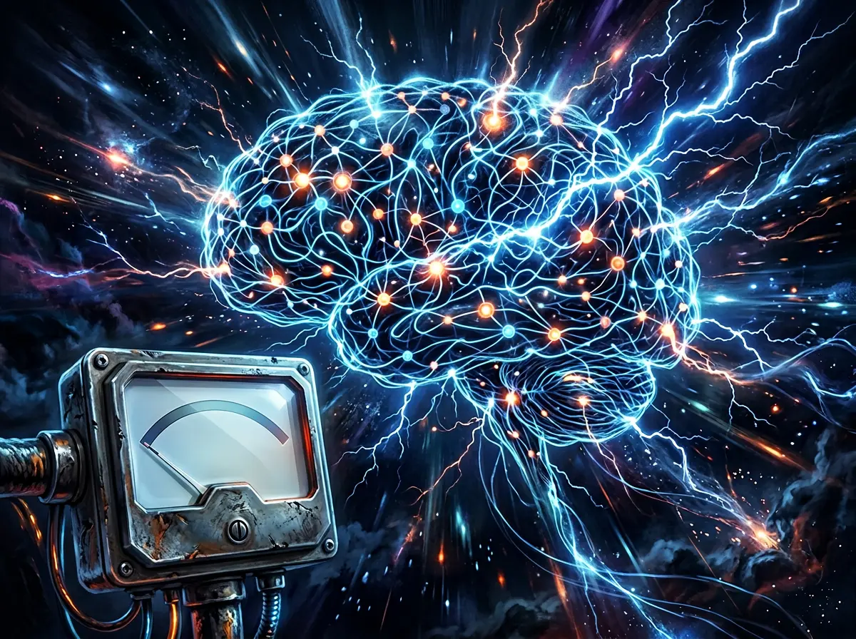 Abstrakt visualisering av AI-energiforbruk med glødende nevrale nettverk og dramatisk fall i strømmåler