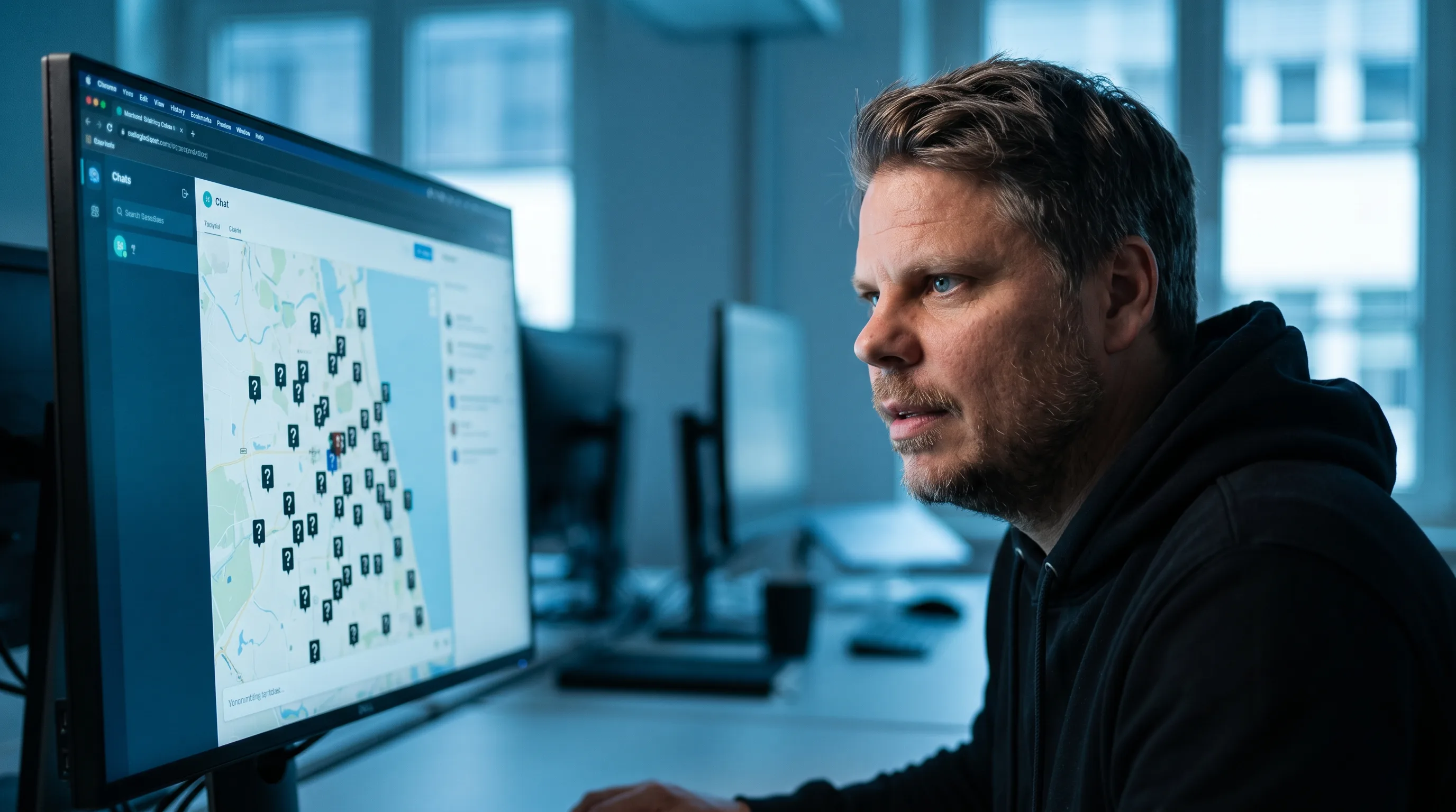 Mann i hettegenser ser på skjerm med kommunal AI-assistent grensesnitt