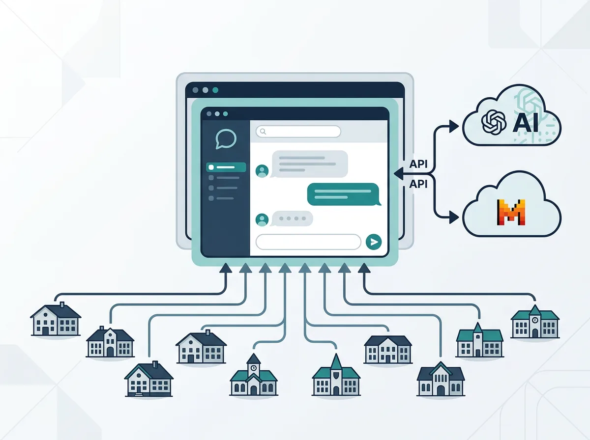 Diagram som viser LibreChat som selvhostet skall koblet via API til OpenAI og Mistral