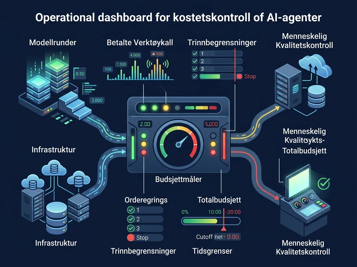 Infografikk viser kostnader, budsjettgrenser og stoppmekanismer for AI-agenter i praksis
