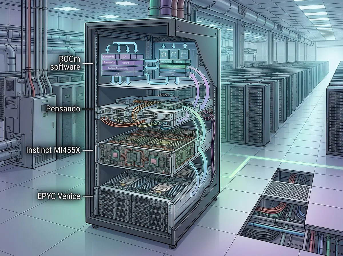 AMD Helios kobler MI455X, EPYC, Pensando og ROCm i ett rack-system