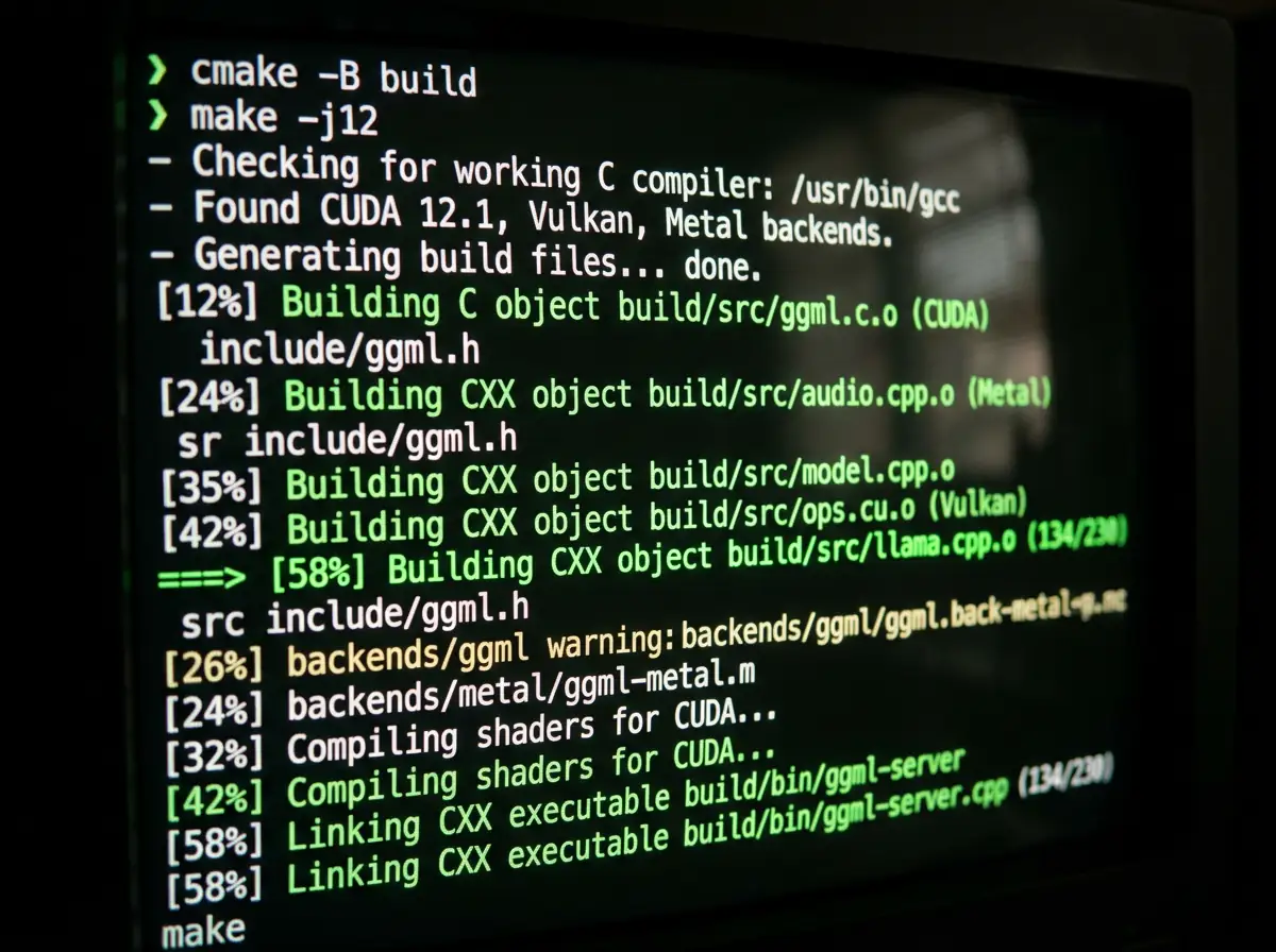 Terminal viser kompilering av audio.cpp med CMake og GPU-backends uten Python