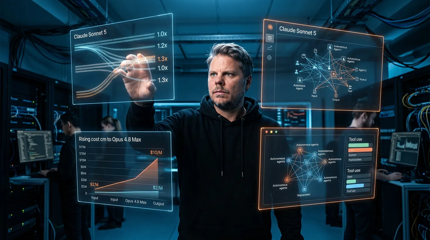 Jan Sverre midt i et AI-koordineringsrom med holografiske agent-paneler og token-strømmer rundt seg