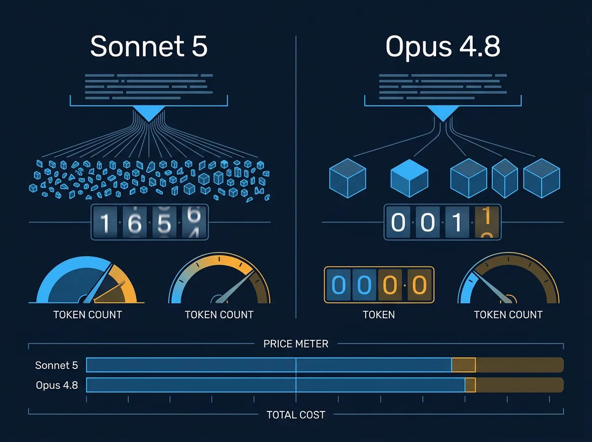Prissammenligning Sonnet 5 og Opus 4.8 med tokenizer-effekt som viser at prisfordelen krymper