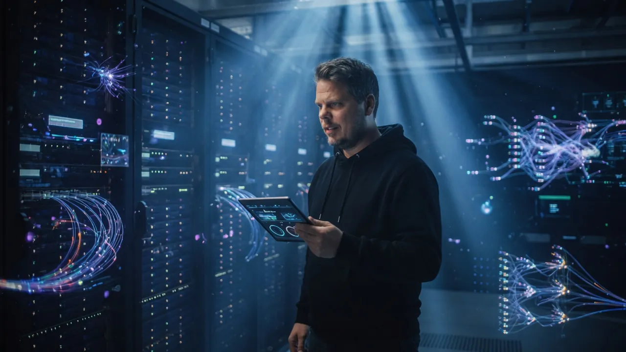 Mann analyserer AI-datastrømmer på nettbrett i et datasenter med servere