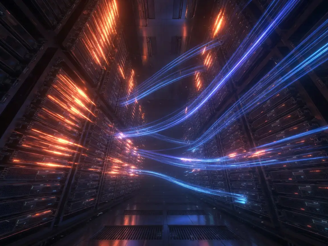 Datasenter med GPU-rack og lysbånd som viser varierende systembelastning