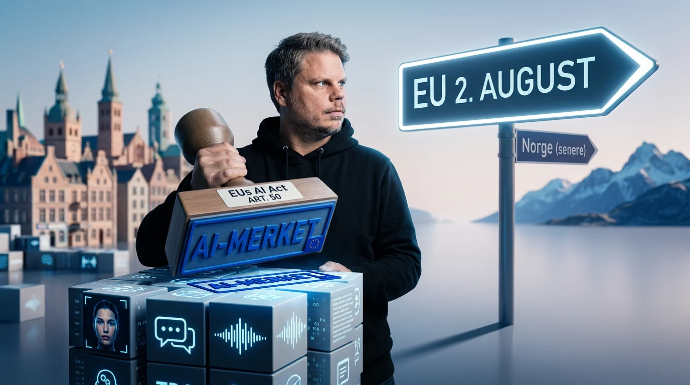 Jan Sverre foran illustrasjon av EUs merkekrav for AI fra 2. august 2026
