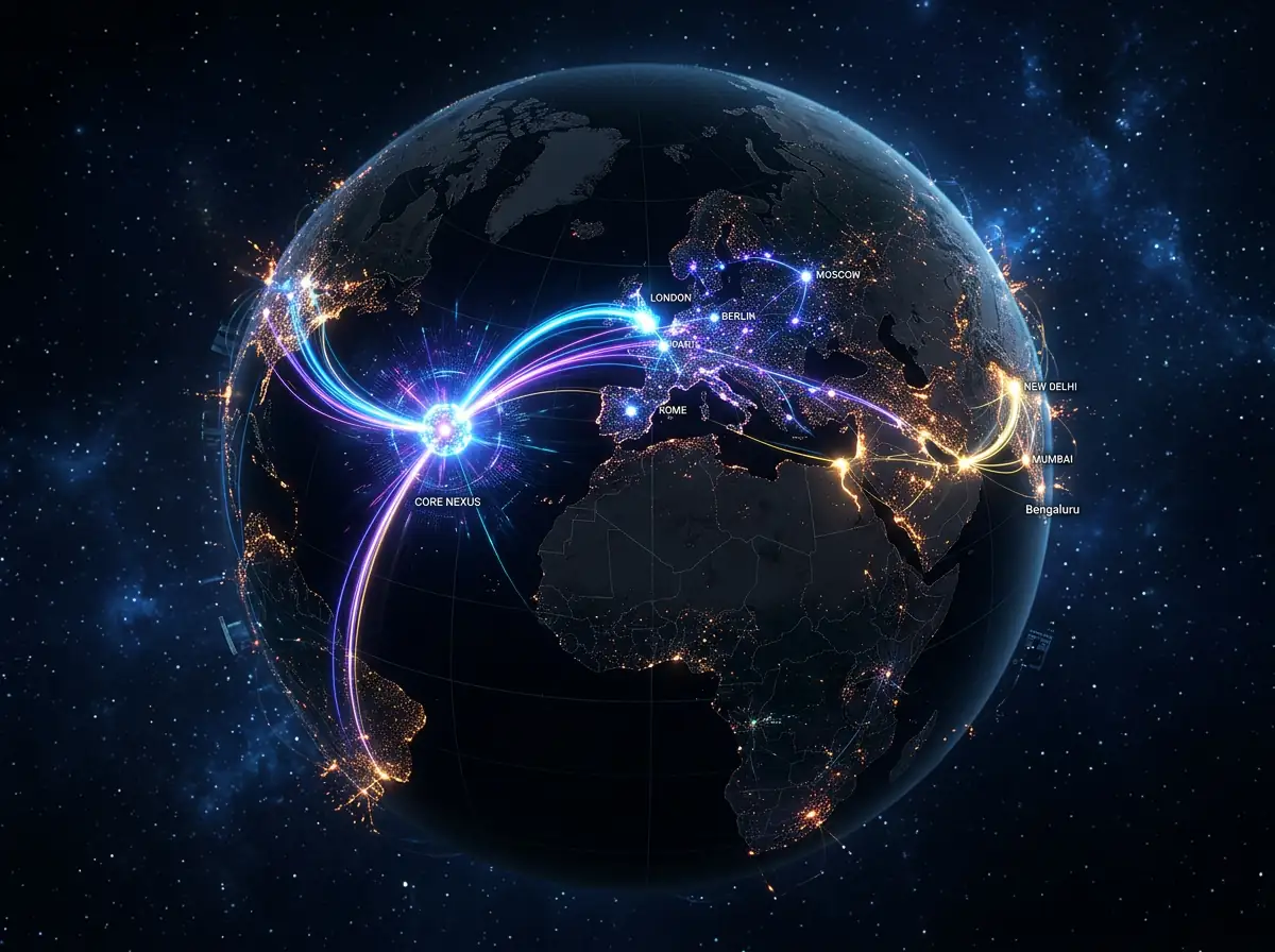 Glødende globalt nettverkskart som viser AI-tilgang som tennes tilbake på tvers av land