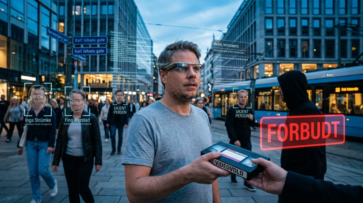 Jan Sverre med AI-briller ute i gatebildet, smartbriller-forbud debatt