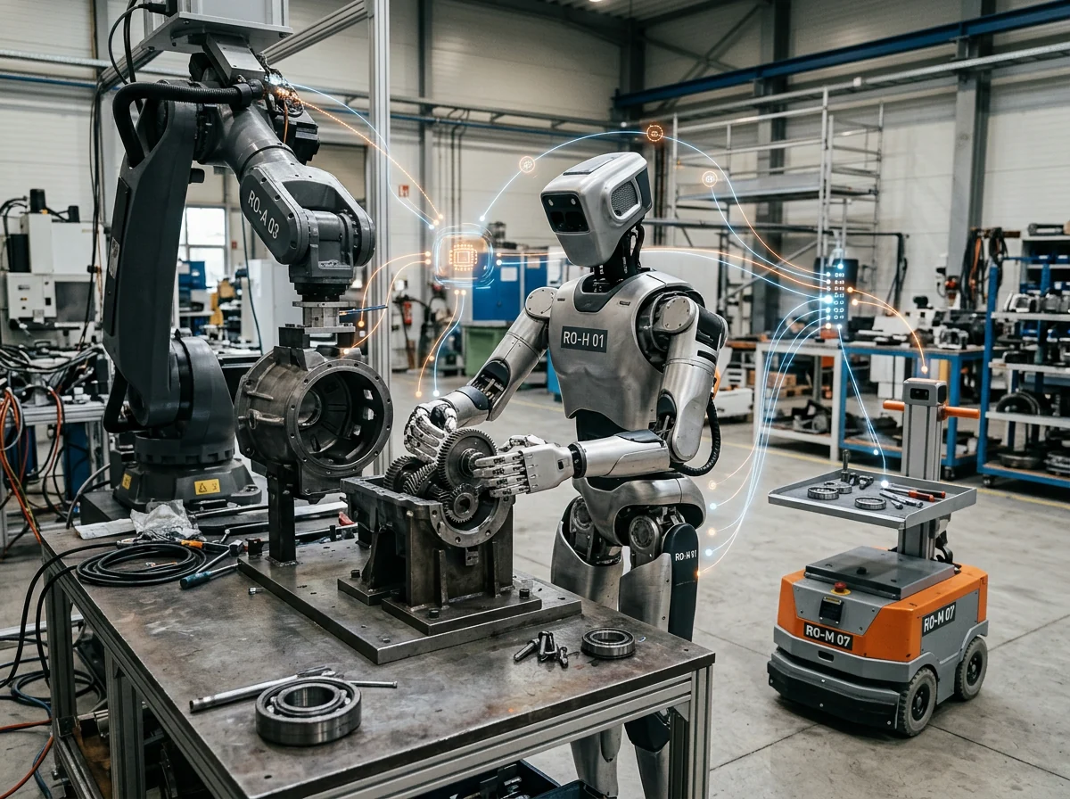 Tre roboter samarbeider gjennom Gemini Robotics 2 om én industrioppgave