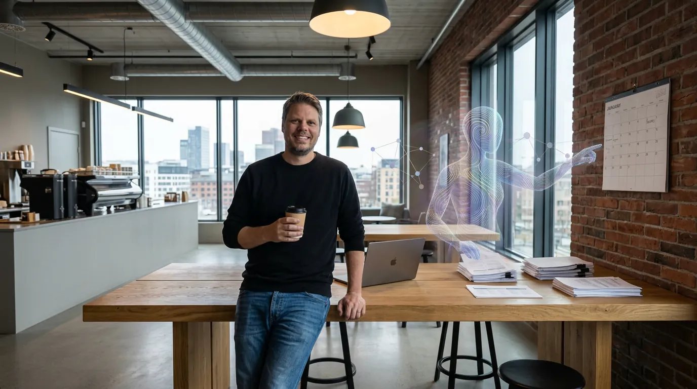 Mann ved trebord med kaffe mens en digital AI-assistent jobber i bakgrunnen med kalender og dokumenter