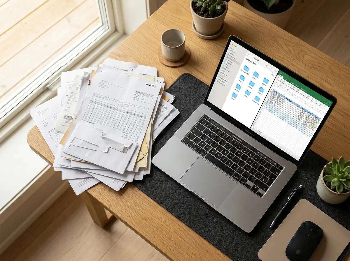 Bunke fakturaer ved siden av laptop med organiserte digitale mapper og regneark