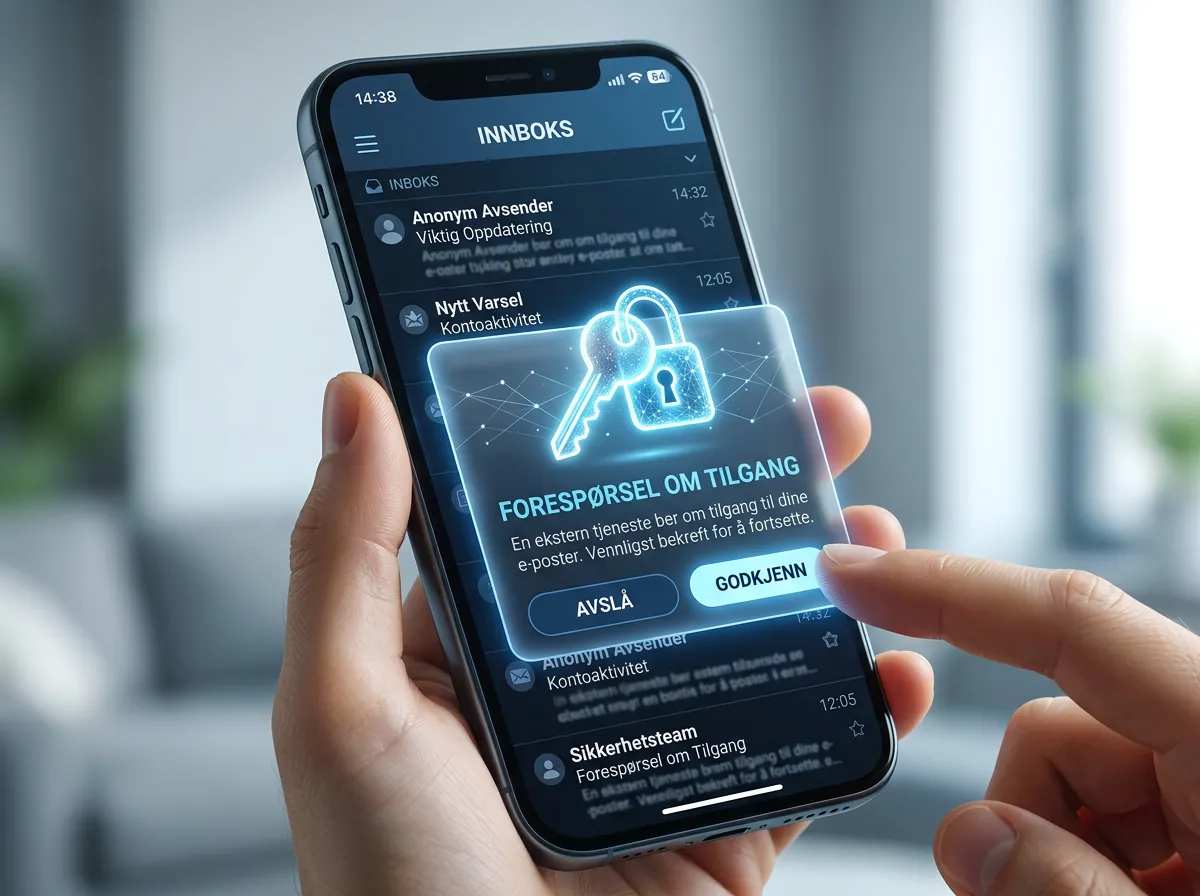 Smarttelefon som viser forespørsel om tilgang til e-post-innboks med lås- og nøkkelsymbol