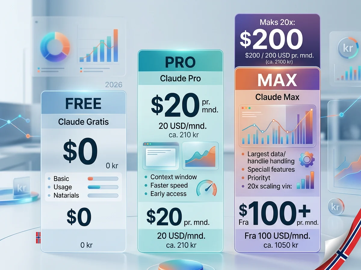 Sammenligning av Claude pris for Free, Pro, Max 5x og Max 20x