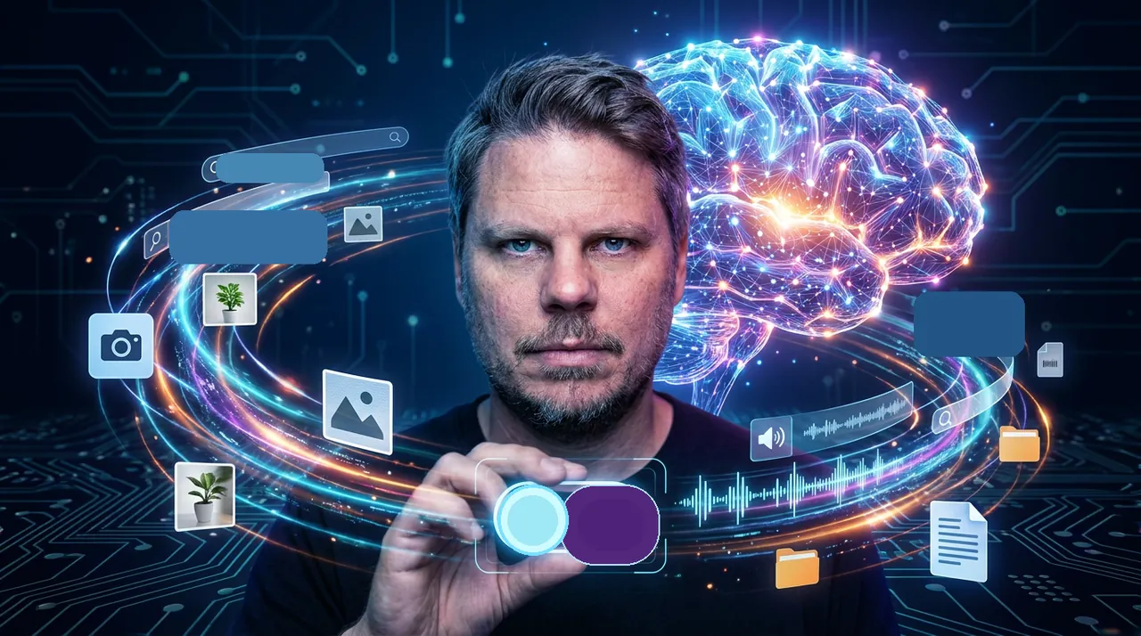 Jan Sverre foran AI-hjerne med Google-data, mediebilder og personvernbryter slått av