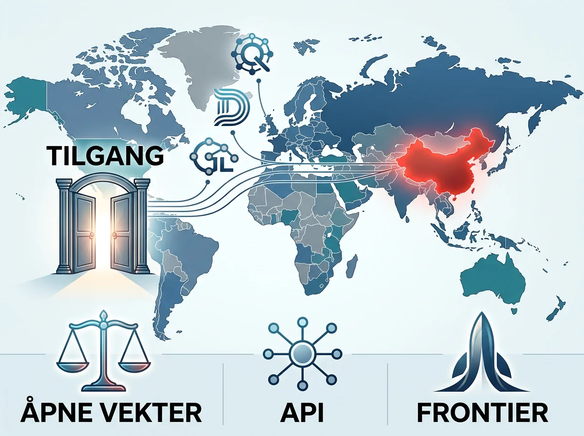 Infografikk over kinesiske AI-modeller, åpne vekter, API og frontier-tilgang