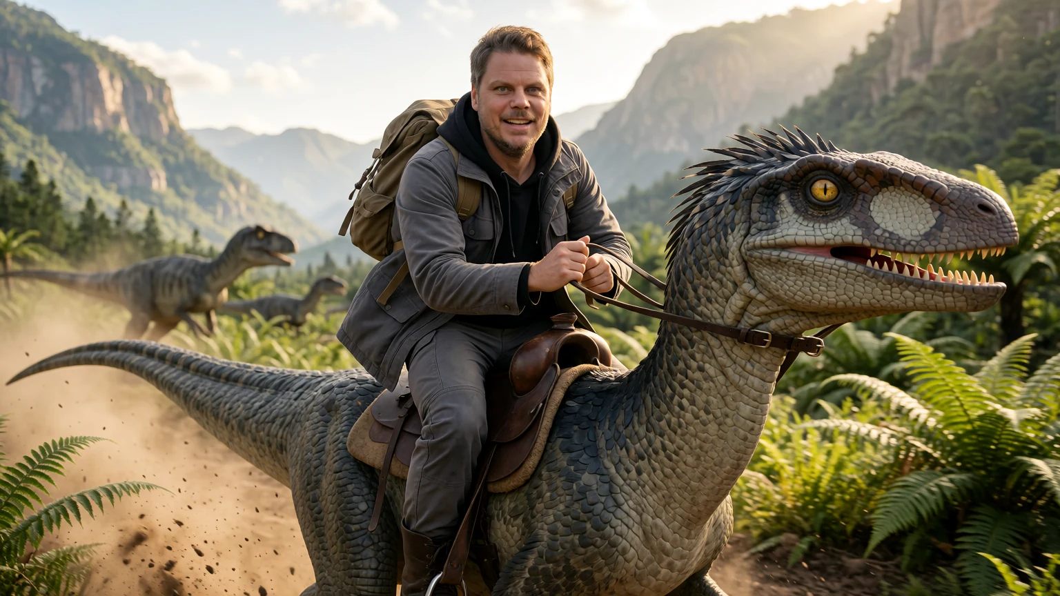 Jan Sverre rir på en dinosaur gjennom en frodig forhistorisk dal