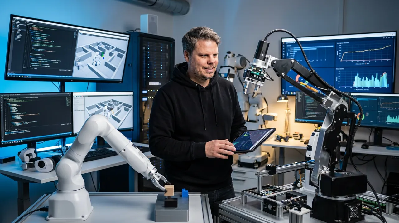 Jan Sverre i robotikklab med LeRobot v0.6.0 og robotarmer