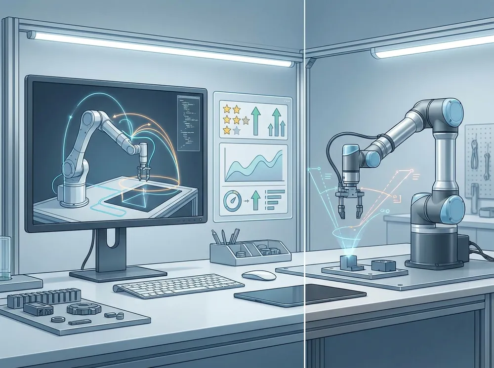 Robotarm som viser LeRobot arbeidsflyt for simulering og evaluering