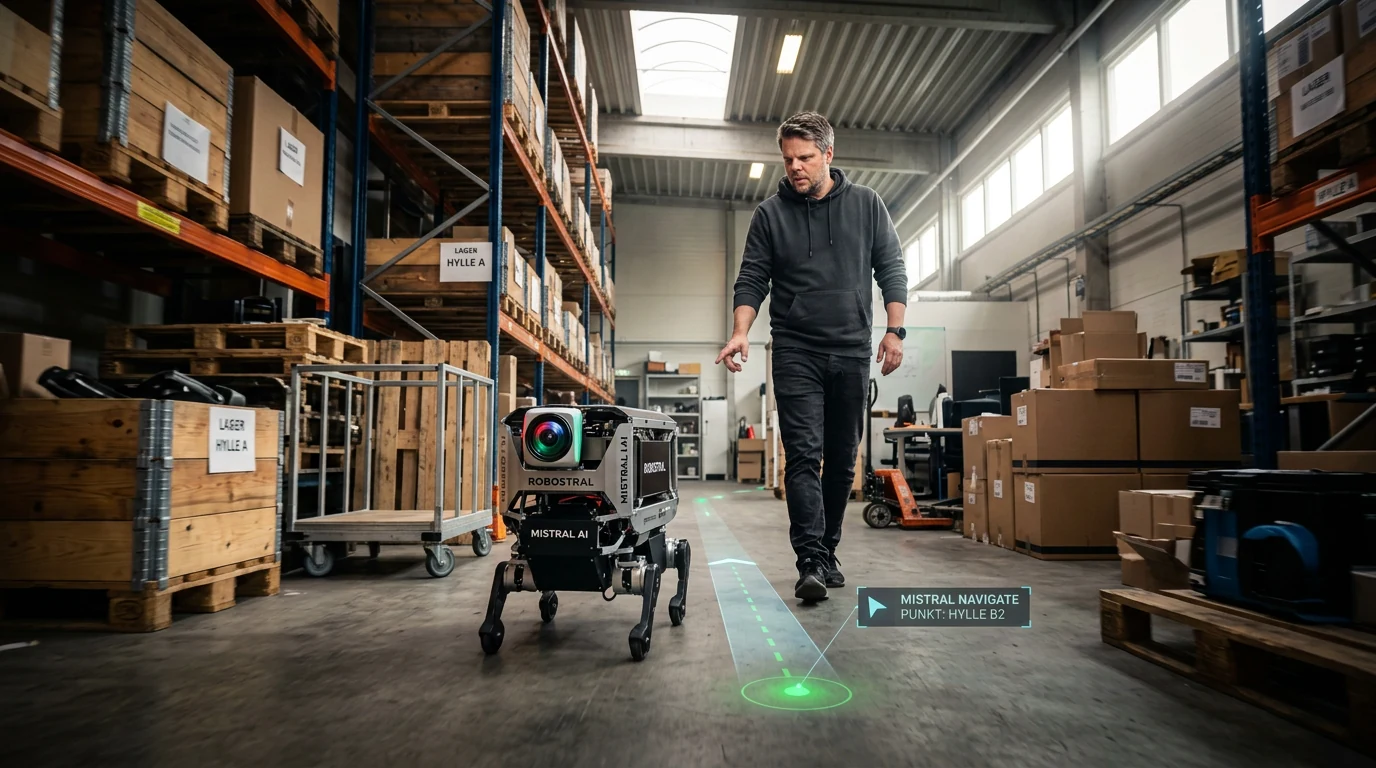 Jan Sverre leder en kamerastyrt robot gjennom et uoversiktlig lager