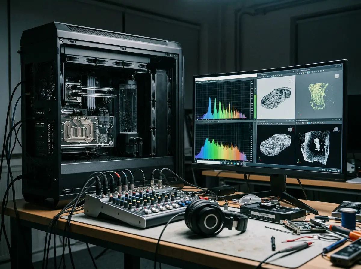 GPU-arbeidsstasjon med lydutstyr for testing av NVIDIA Audex lokalt