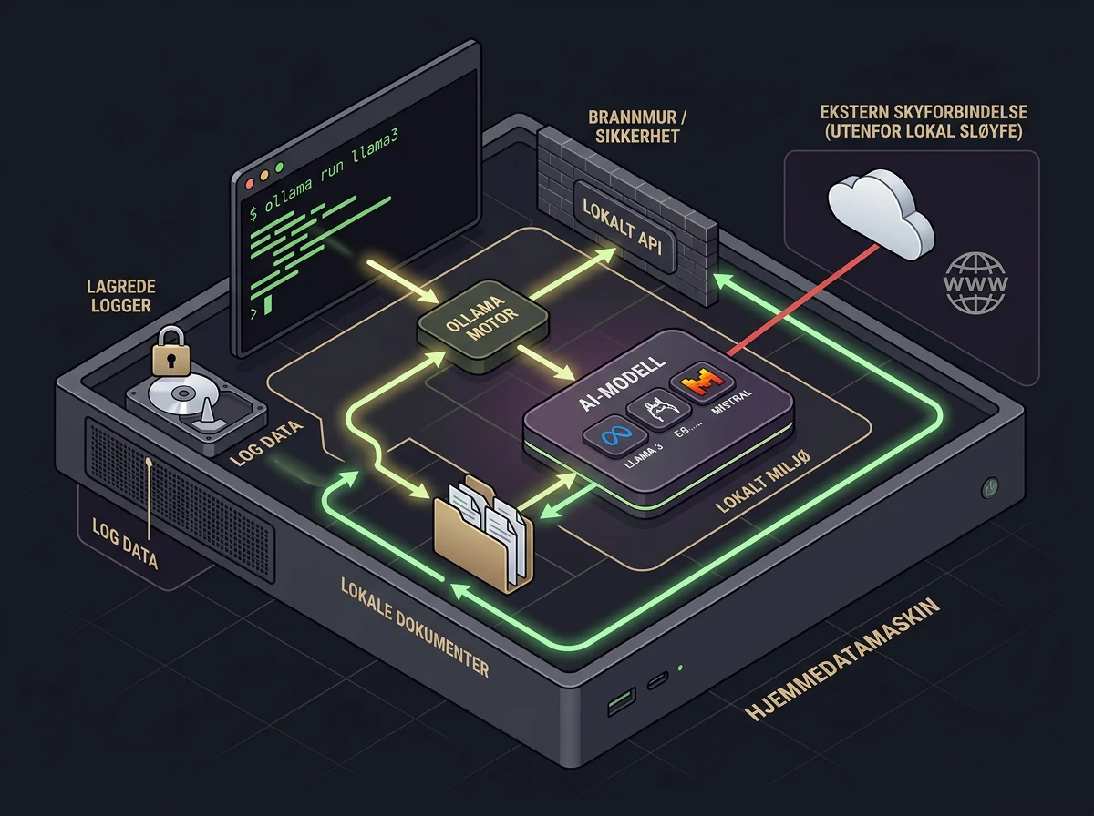 Teknisk diagram viser Ollama, lokal datasløyfe, brannmur og avgrenset skytilkobling