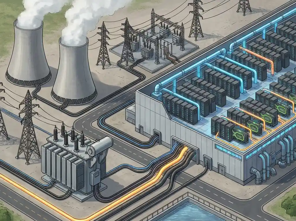 Datasenter, kraftlinjer og kjøling viser infrastrukturen bak frontier-AI