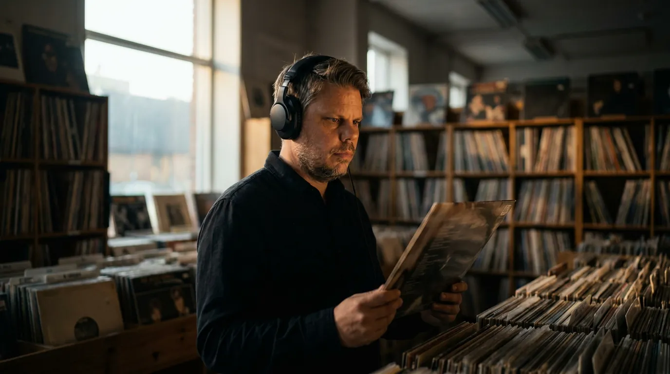 Mann lytter til vinylplate med hodetelefoner i platebutikk, Tidal AI-royalty