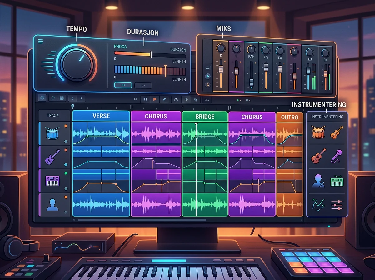 Flow Music viser redigering av sangstruktur, tempo, miks og instrumentering