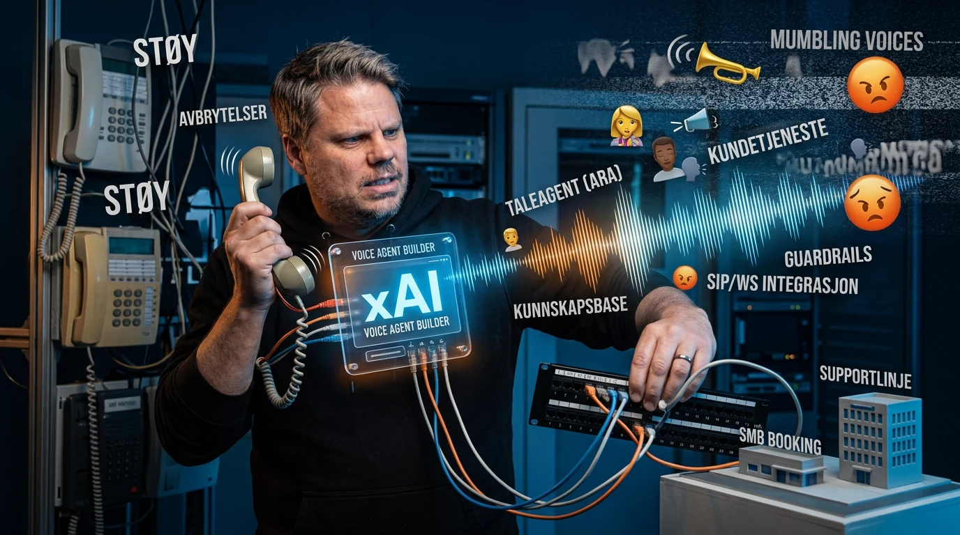 xAI Voice Agent Builder illustrert som aktiv taleagent-flyt