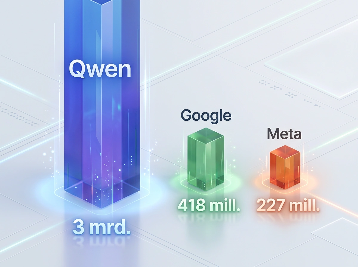 Infografikk viser Qwen med 3 milliarder nedlastinger mot Google og Meta