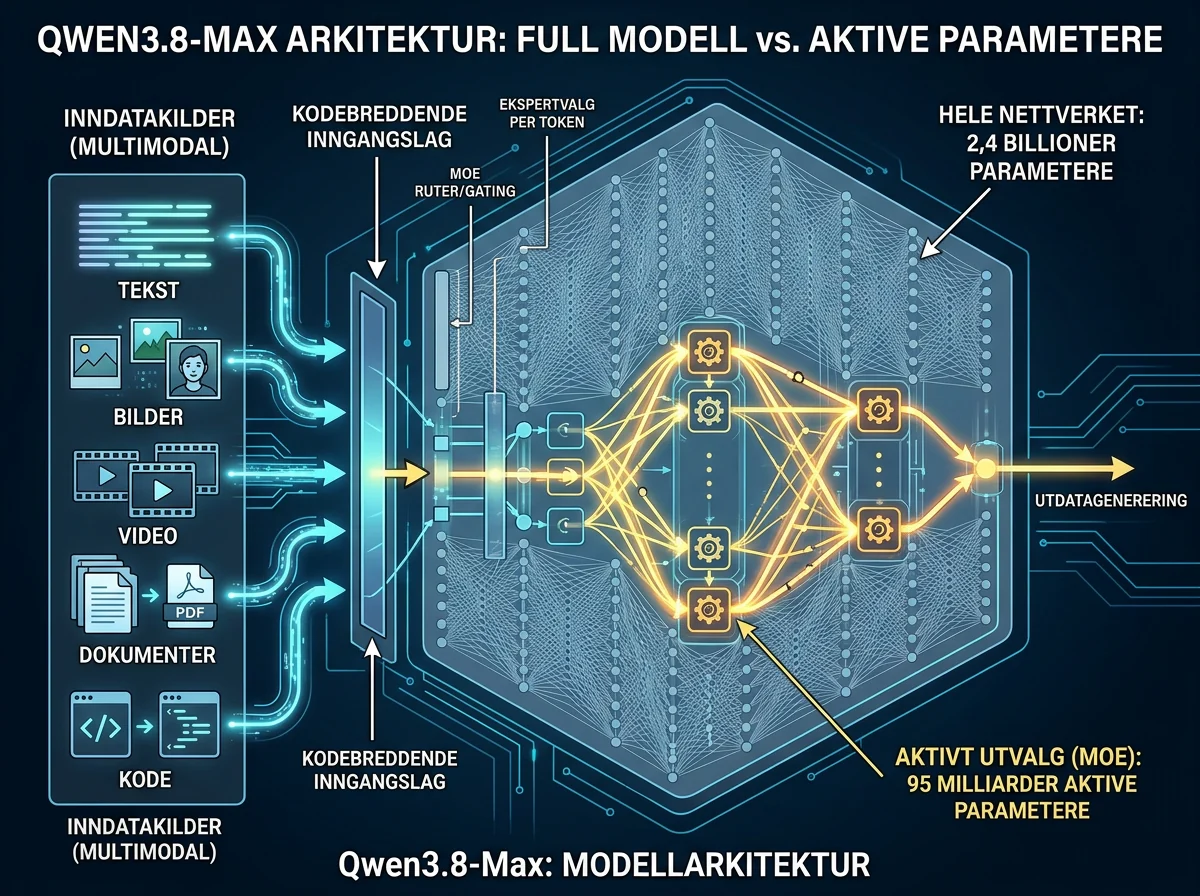Qwen3.8-Max fordeler hvert token mellom utvalgte eksperter i den enorme modellen