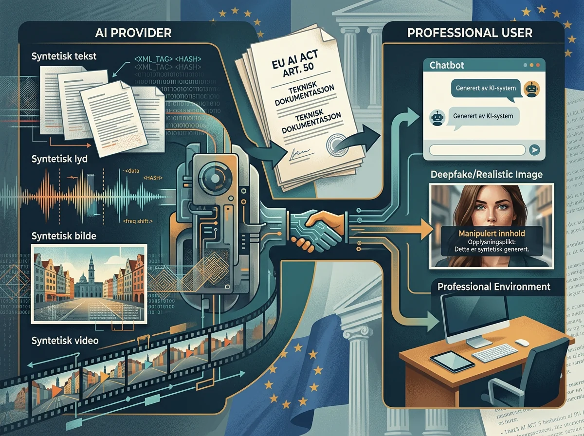 Visuell oversikt over ansvar for AI-merking mellom leverandører og profesjonelle brukere