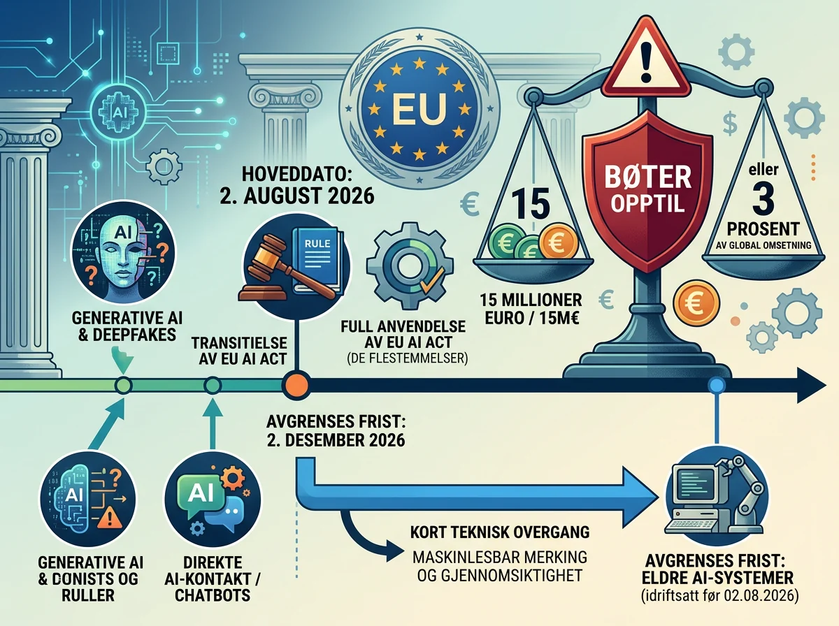 Tidslinje viser overgangsfrist og bøter under EU AI Act artikkel 50