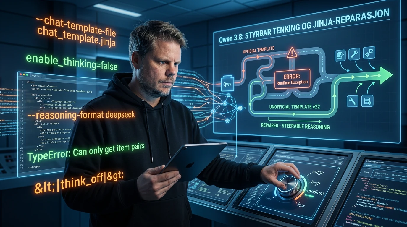 Jan Sverre foran en reparert Qwen 3.8 Jinja-template for stabile verktøykall