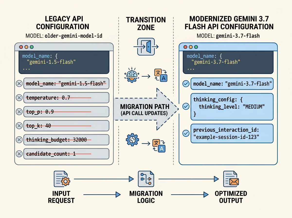 Migreringsoversikt for modell-ID og endrede parametere i Gemini 3.7 Flash API