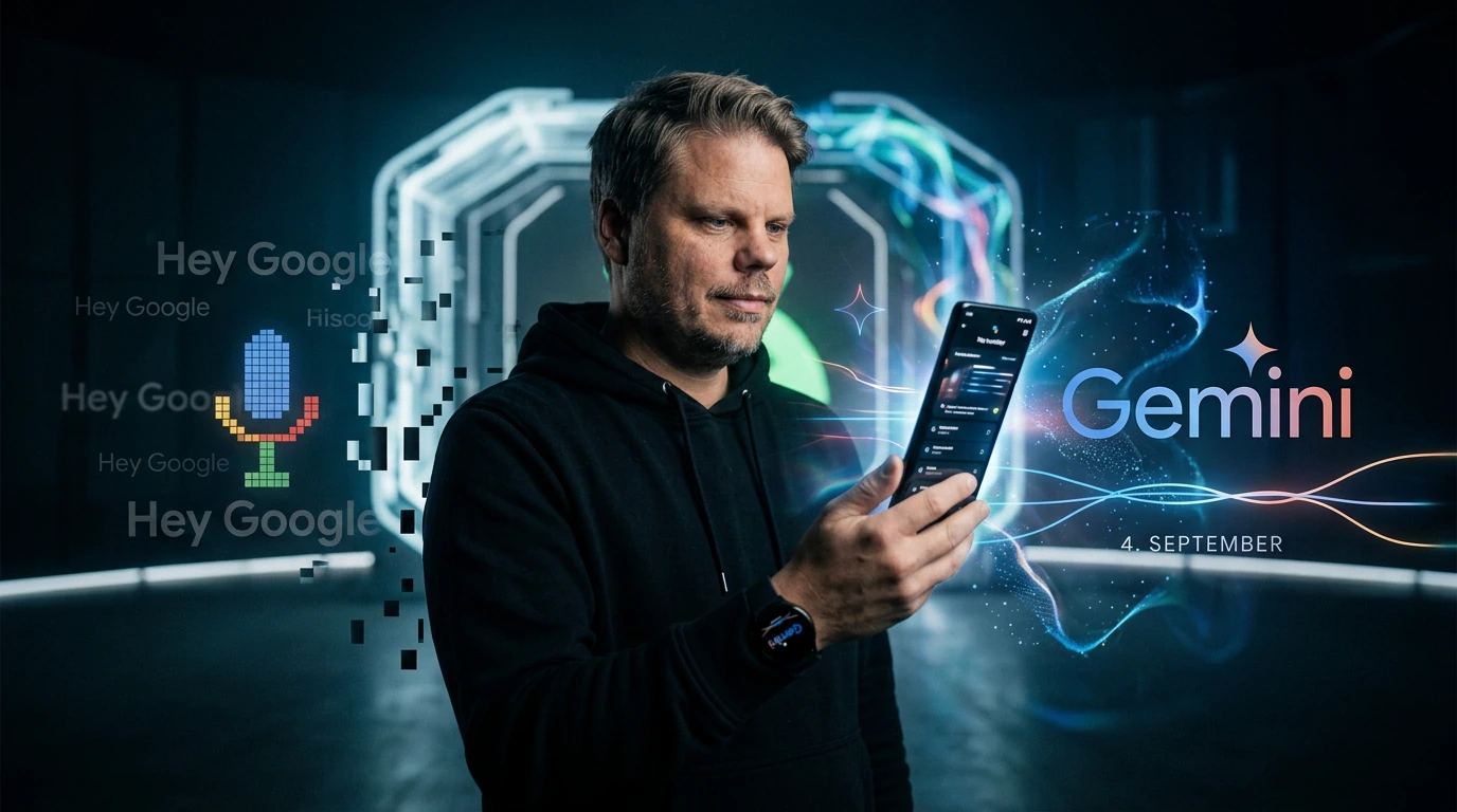 Jan Sverre ved Android-mobil idet Google Assistant erstattes av Gemini