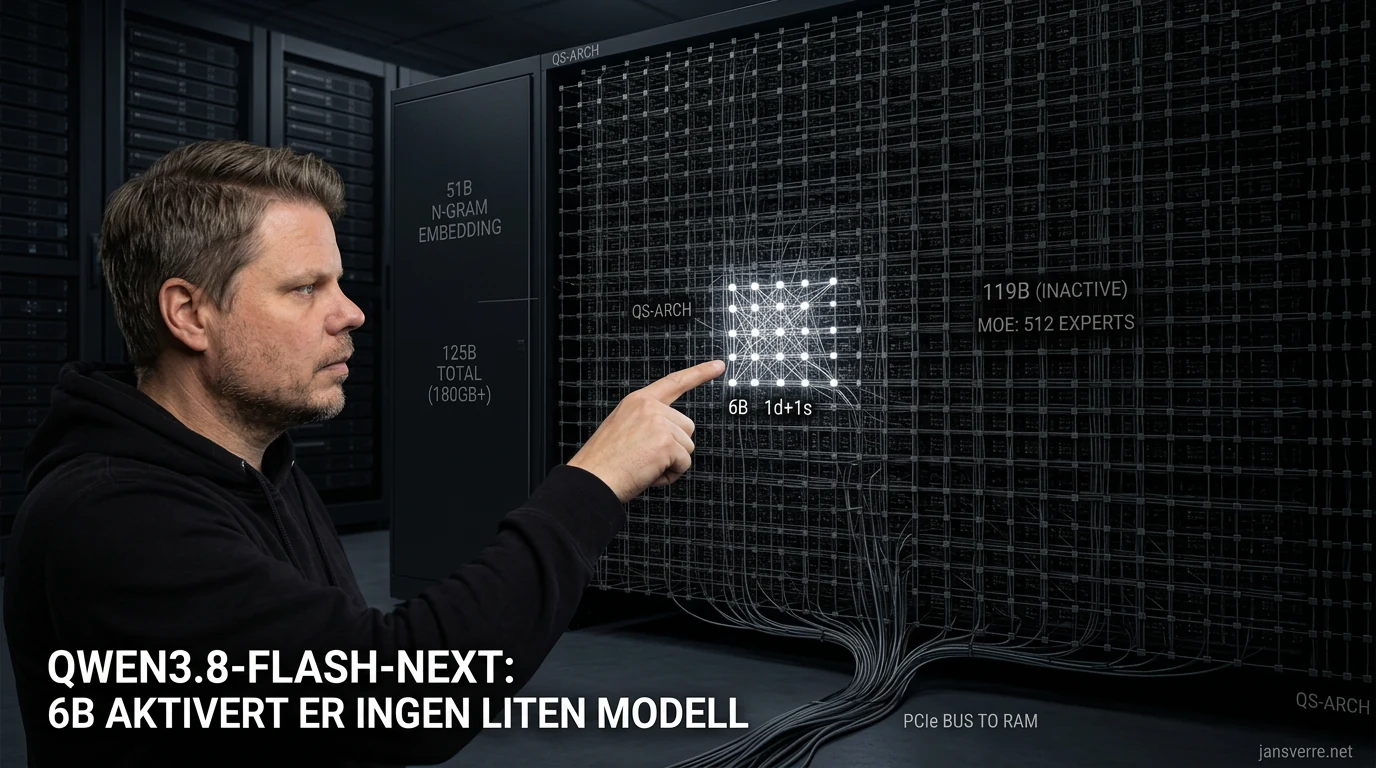 Jan Sverre i en visuell fremstilling av Qwen3.8-Flash-Next og modellens parameterforskjell