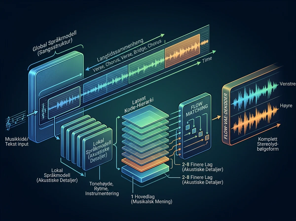 Arkitektur i MiniMax-Music3 fra globale modeller til ferdig stereolyd lokalt