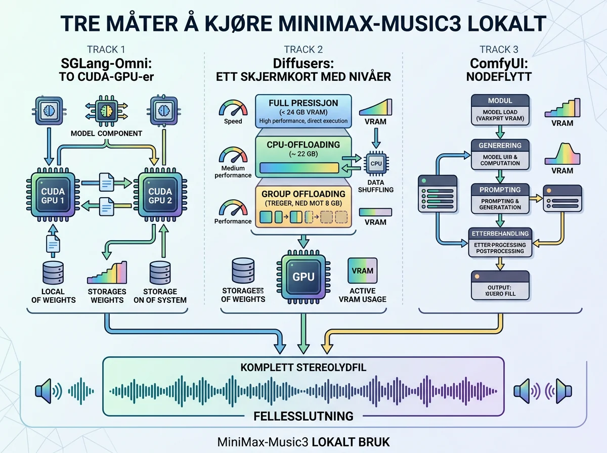 Tre kjøreveier for MiniMax-Music3 med ulike krav til GPU og VRAM