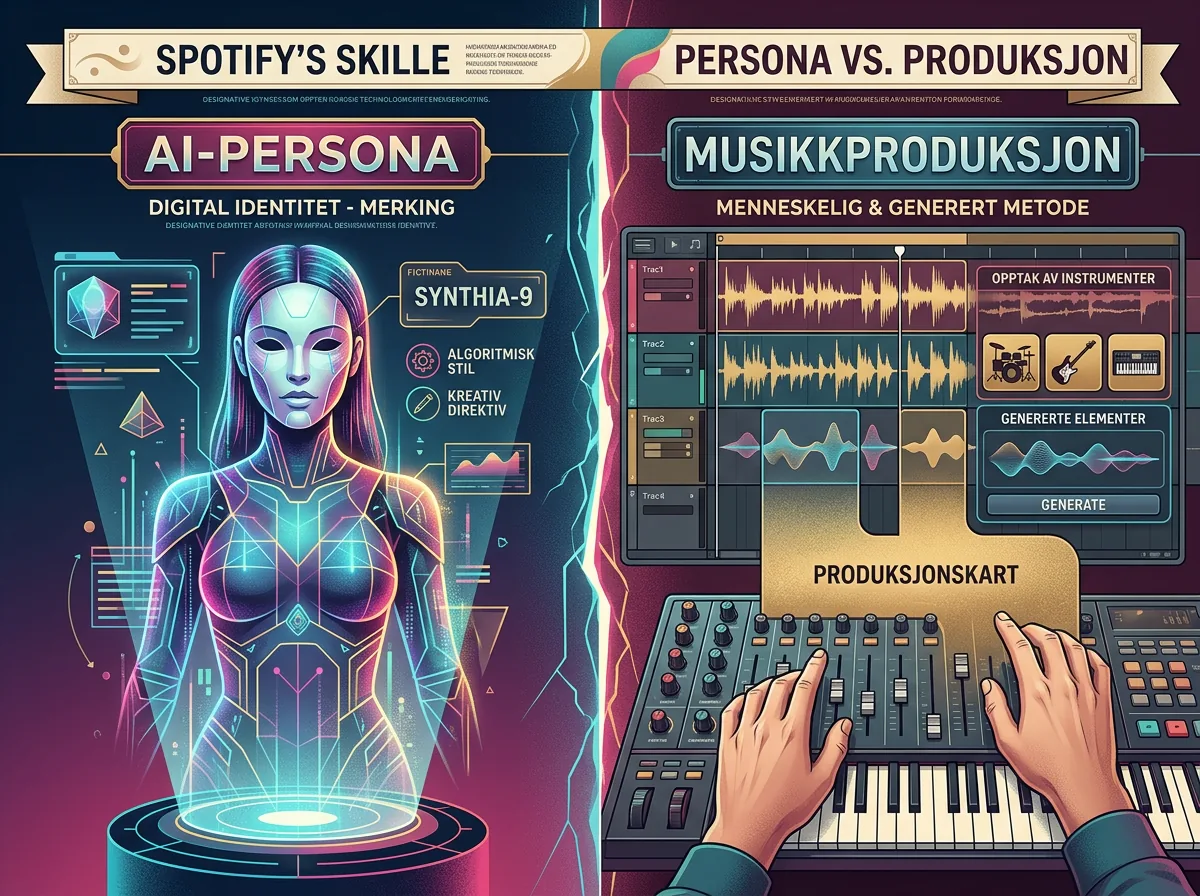 Illustrasjon skiller AI-persona på artistprofilen fra AI-bruk i selve musikkproduksjonen