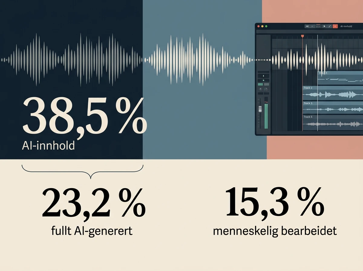 Infografikk viser 23,2 prosent fullt AI-generert og 15,3 prosent bearbeidet musikk
