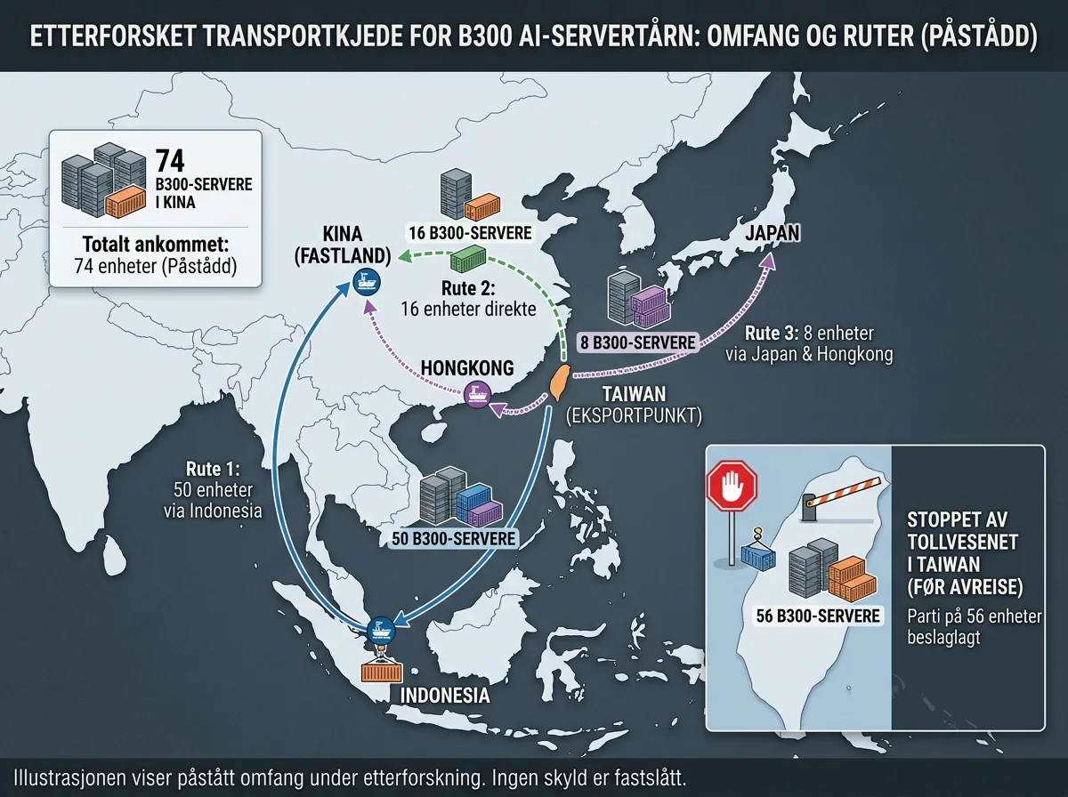 Transportruter for 74 B300-servere til Kina og 56 stansede servere