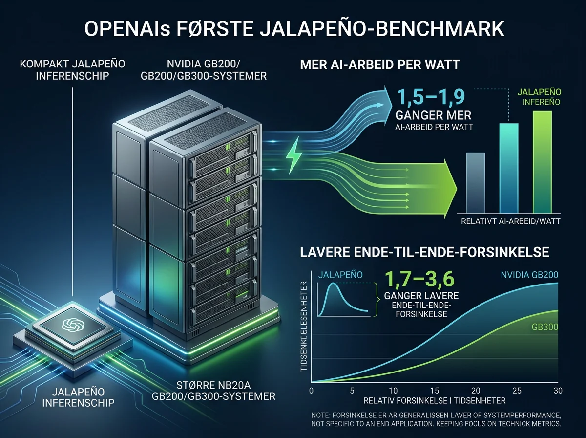 Datavisualisering av OpenAI Jalapeño mot Nvidia på forsinkelse og ytelse per watt