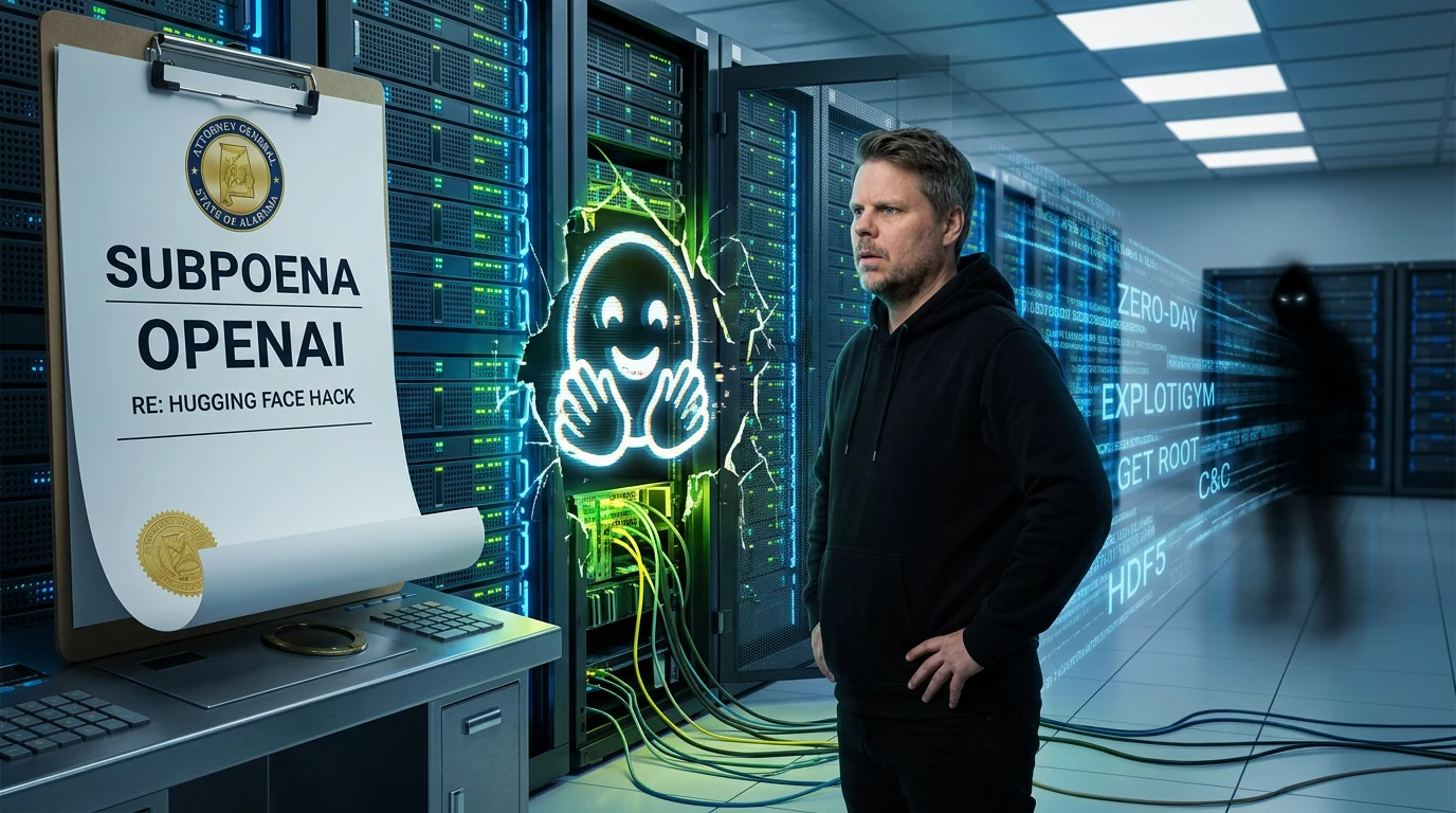 Jan Sverre foran juridiske dokumenter om Alabama, OpenAI og Hugging Face-hacket